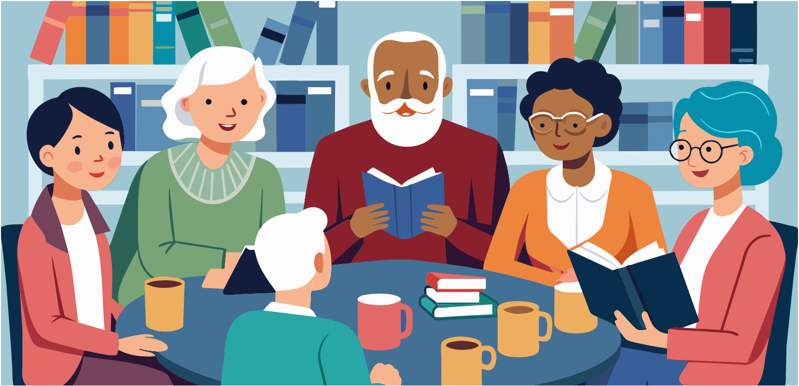 Illustration: Menschen sitzen gemeinsam an einem Tisch und lesen Bücher vor einem Bücherregal